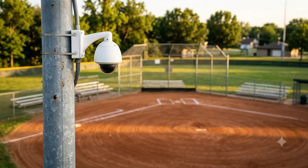 Security camera overlooking a youth baseball field