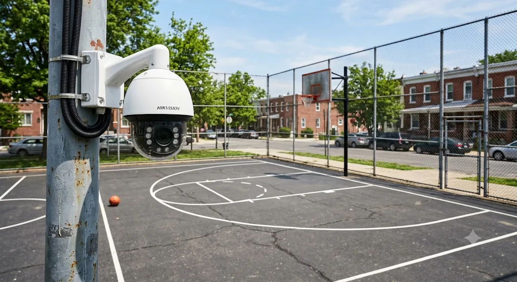 Security camera overlooking a basketball court